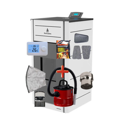 Termosemineu peleti Matera 24kW - include aspirator cenusa cu dubla filtrare, reductie evacuare 120mm, burete curatare sticla, termostat AMB