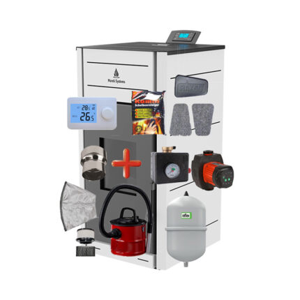 Termosemineu peleti Matera 24kW - include aspirator cenusa cu dubla filtrare, reductie evacuare 120mm, burete curatare sticla, termostat AMB, vas expansiune, grup siguranta, pompa digitala