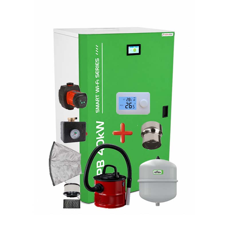 Centrala pe peleti compacta Thermfort 10-40kW TPB40- Smart WiFi Modul incorporat-termostat AMB, grup de siguranta, pompa digitala, vas de expansiune, reductie cos, aspirator cenusa - imagine 1