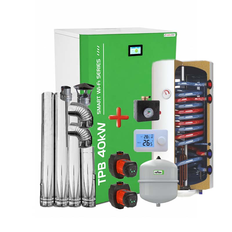 Centrala pe peleti compacta Thermfort 10-40kW TPB40- Smart WiFi Modul incorporat-termostat AMB, grup de siguranta, vas expansiune, pompa digitala, kit evacuare, boiler termoelectric cu doua serpentine paralele 120l