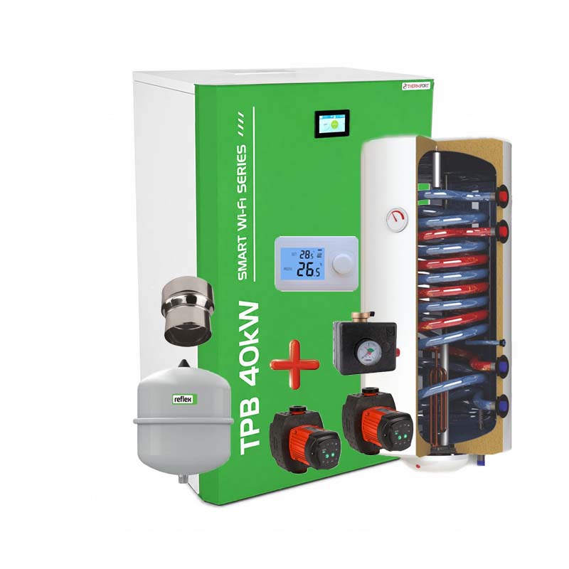 Centrala pe peleti compacta Thermfort 10-40kW TPB40- Smart WiFi Modul incorporat-termostat AMB, grup de siguranta, pompe digitale, vas de expansiune, reductie cos, boiler termoelectric 120l doua serpentine